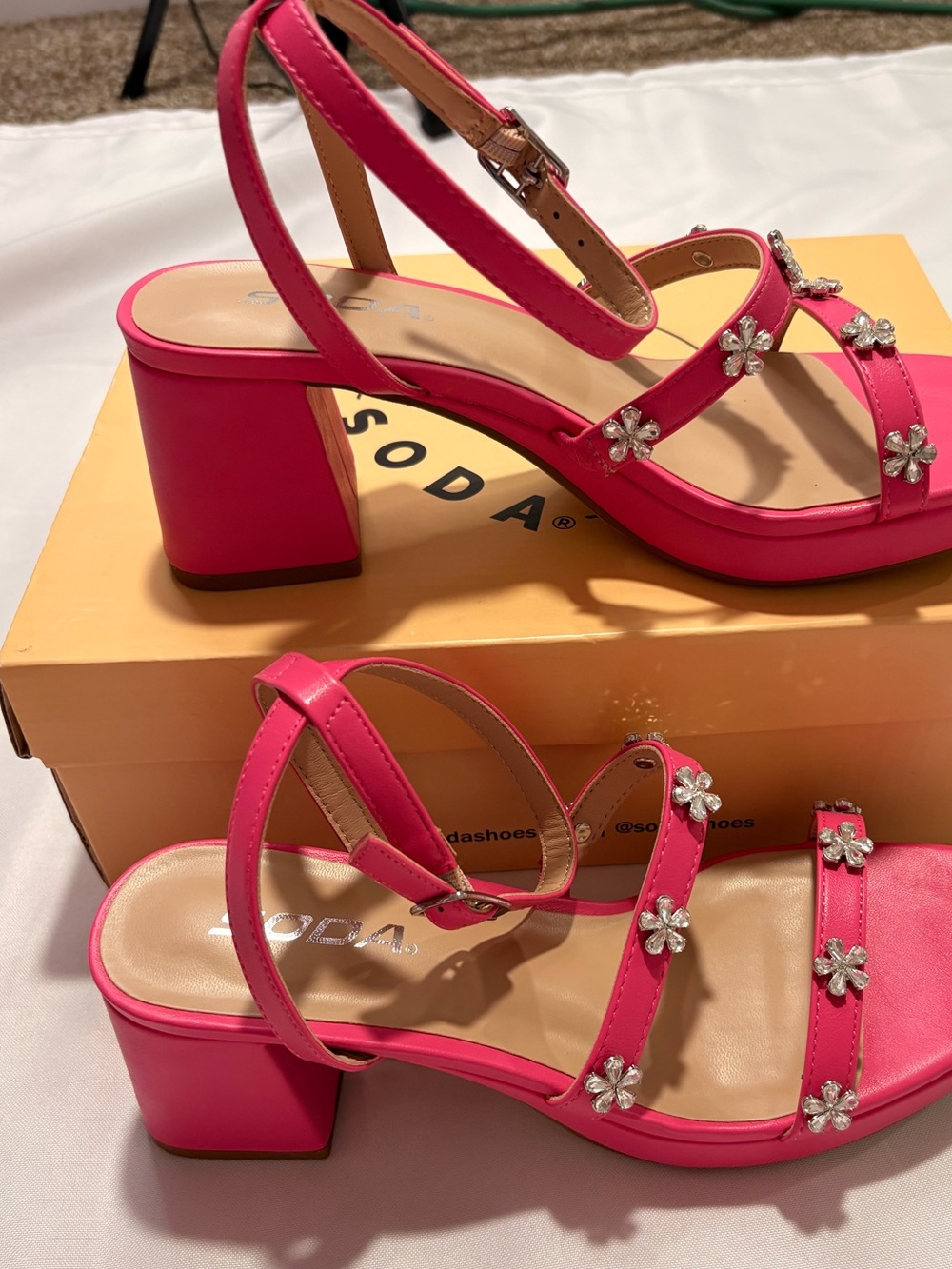 Soda Bright Pink Floral Jewel Block Heel Sandals